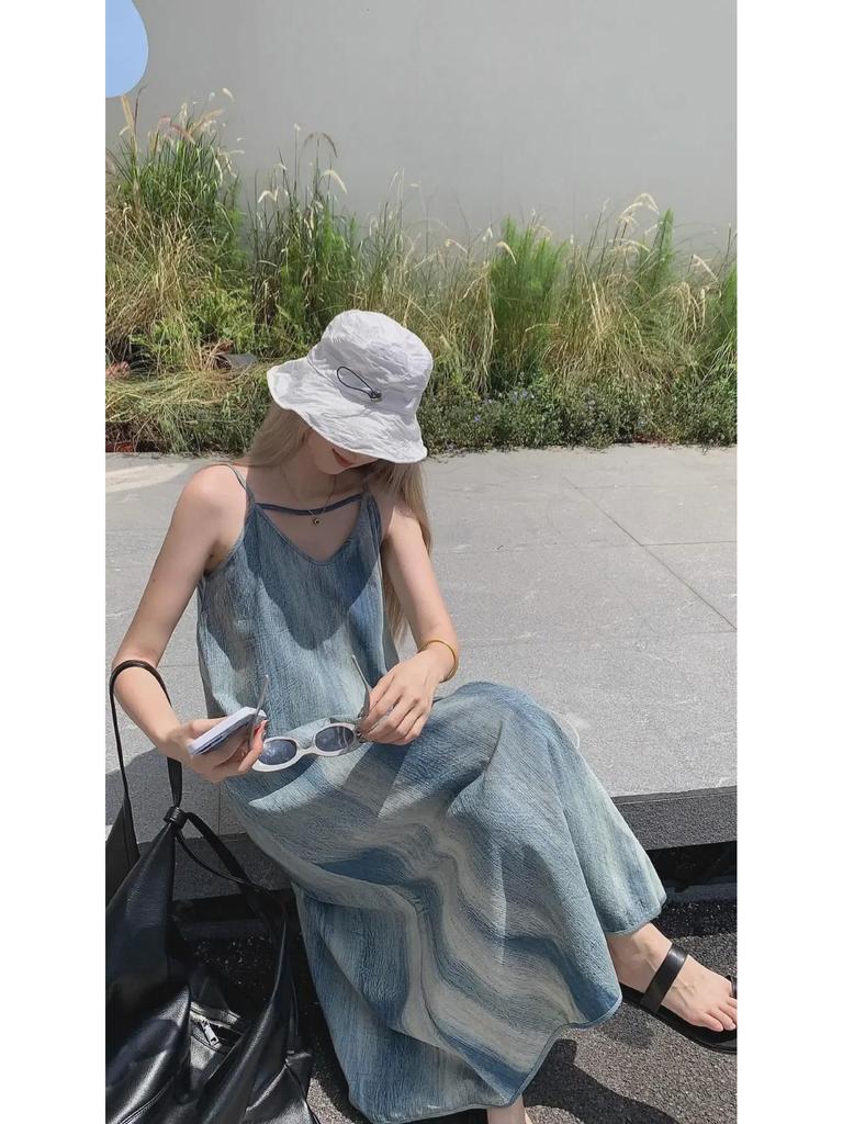 Women's French Tie-Dyed Suspender Dress - Slim and Loose Summer Seaside Beachwear