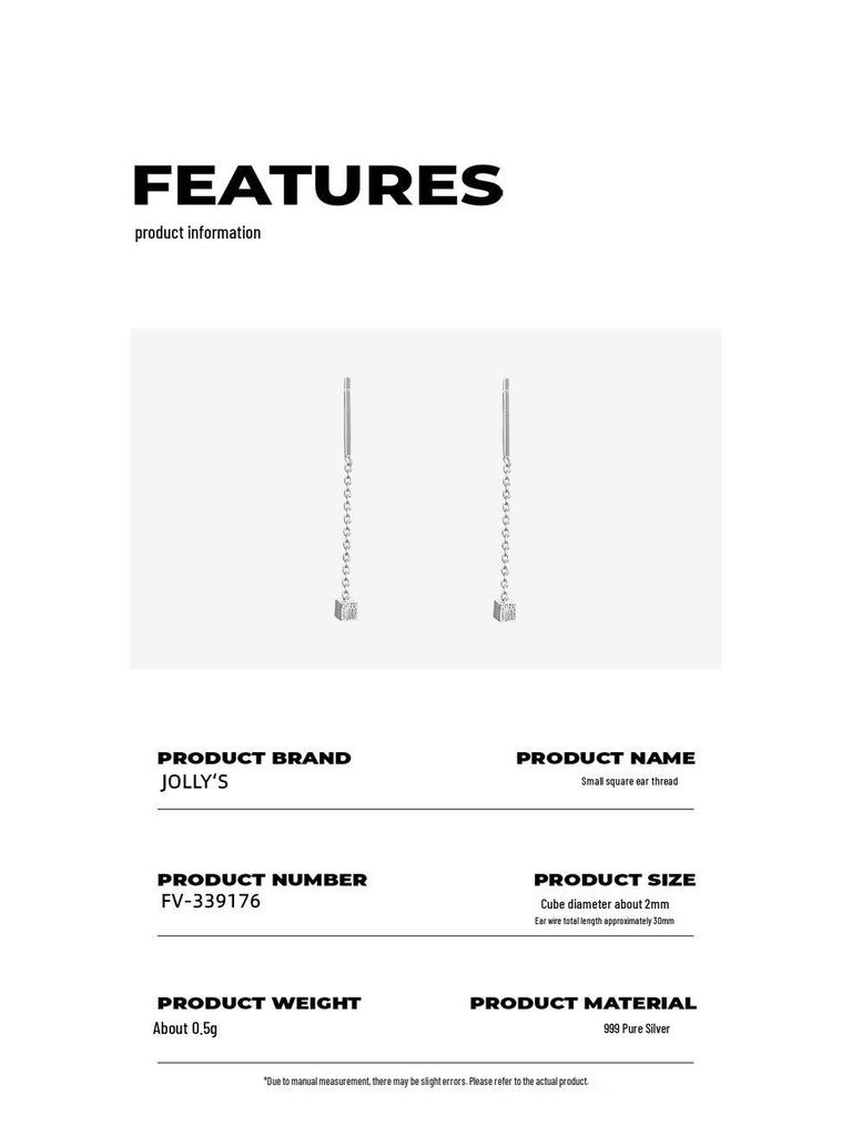 S999 Pure Silver Geometric Square Thread Earrings for Women – Sleep-Friendly and Trendy