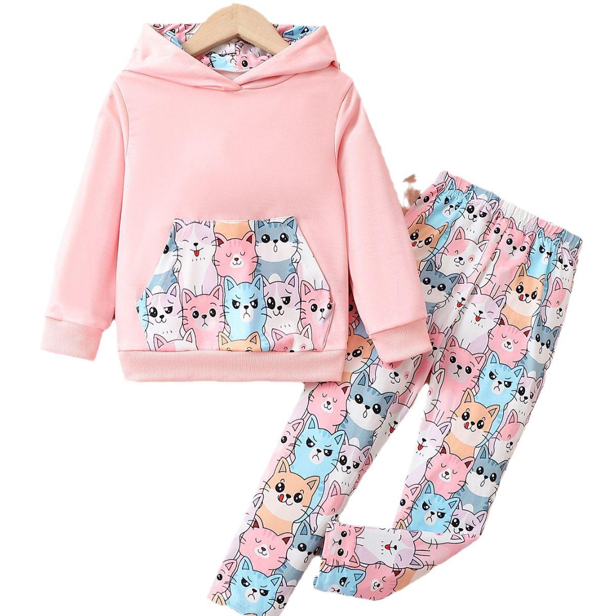 

Модный комплект из двух предметов для девочек с длинными рукавами и брюками, спортивный костюм с рисунком кота из мультфильма, весна и осень 130cm розовый