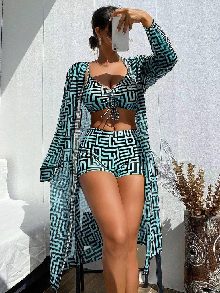 2026 Plaid Print Long Sleeve Sun Protection Three-Piece Swimsuit for Women