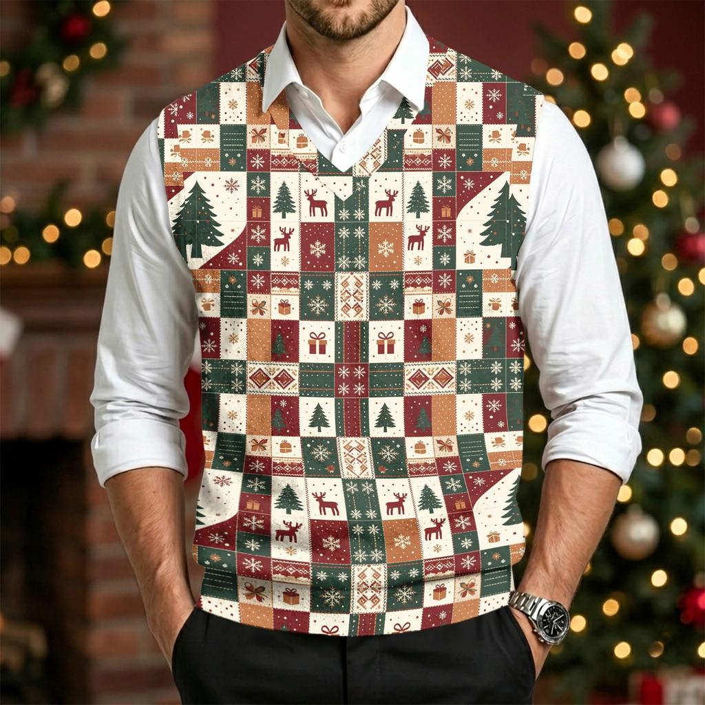 Herre Uld V-hals Strikket Sweater Vest, Juleprint Ærmeløs Pullover til Feriependling