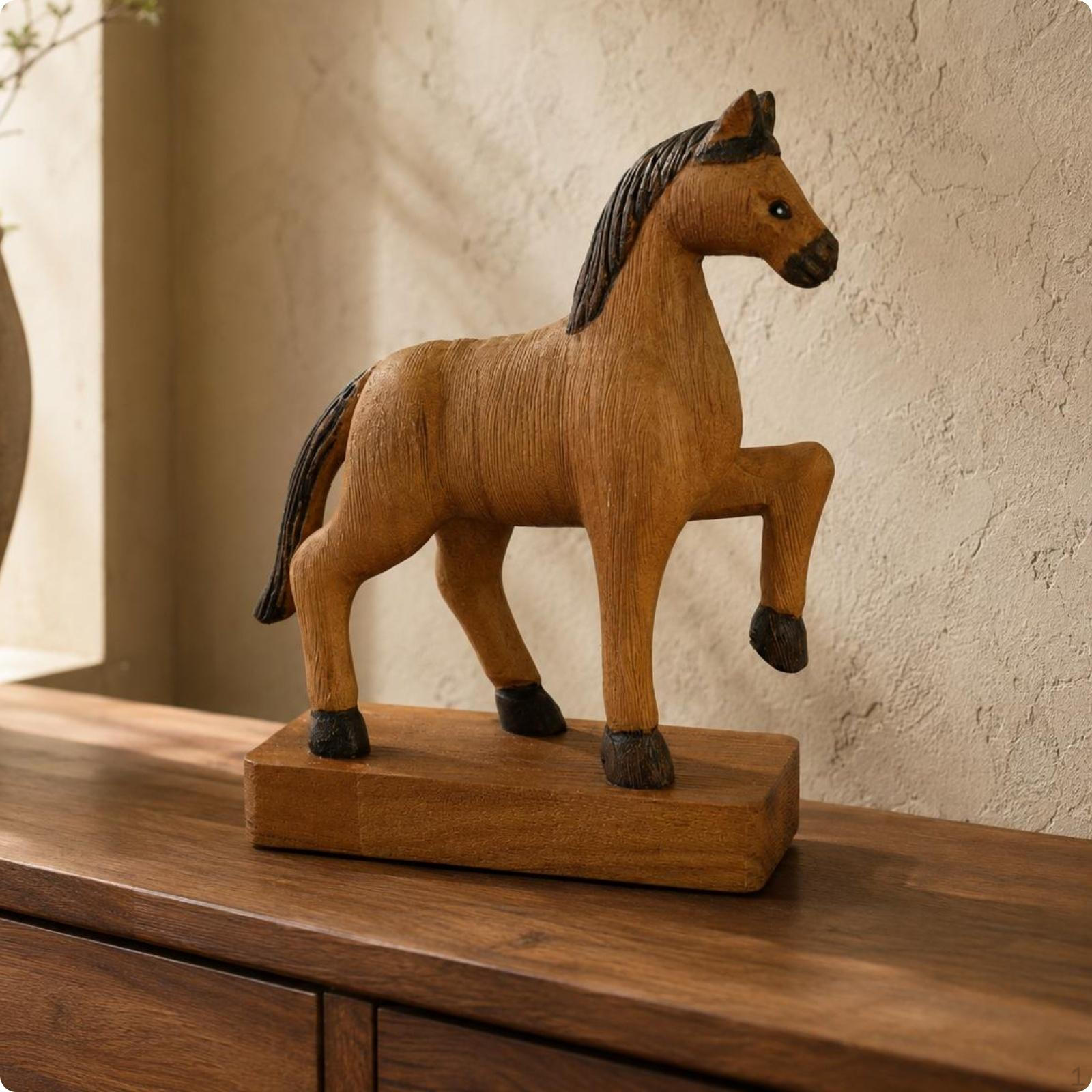 Wooden Horse Sculpture Raised Front Leg Figurine Wood Finish Home Decor L 6h047a