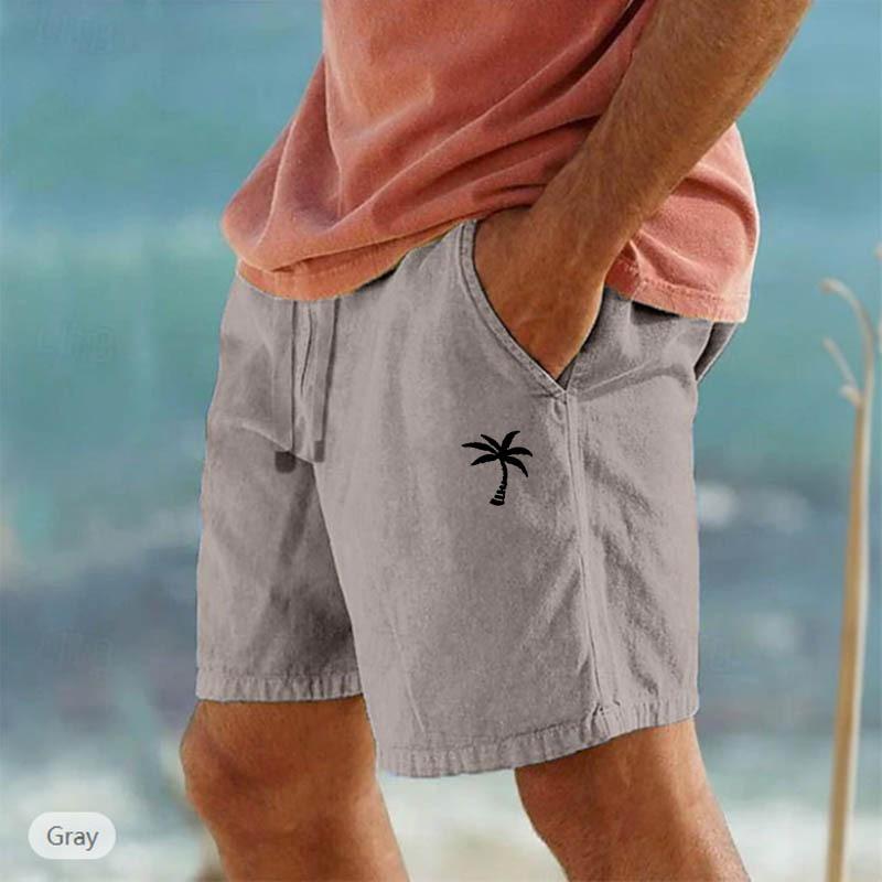 Cross-border New Coconut Printed Linen Shorts Drawstring Elastic Waist Solid Color Breathable Beach Five-point Casual Pants