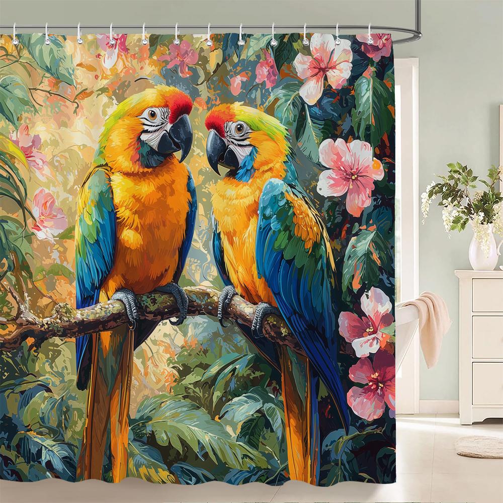 Tropical Plants, Flowers and Birds Shower Curtain, Bathroom Decorative Shower Curtain, Print Polyester Fabric Curtain with Hooks