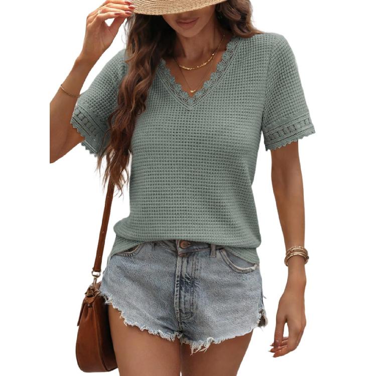 2026 Spring/Summer Women's V-neck Casual Waffle Lace Trim Short Sleeve Top