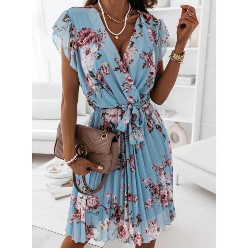 

Summer fashion new style ruffled short-sleeved V-neck dress for women, comfortable, versatile, elegant and generous XXL синий