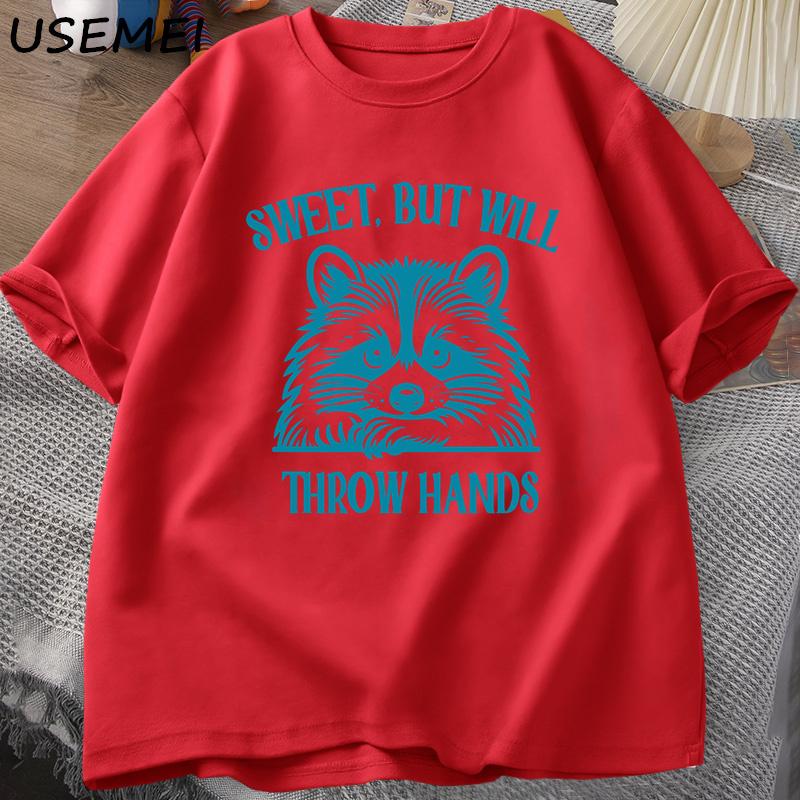 Sweet But Will Throw Hands Pritned Tshirt Unisex Women Funny Raccoon Meme T Shirt Trash Panda Tshirt Summer Cotton Unisex Tops S