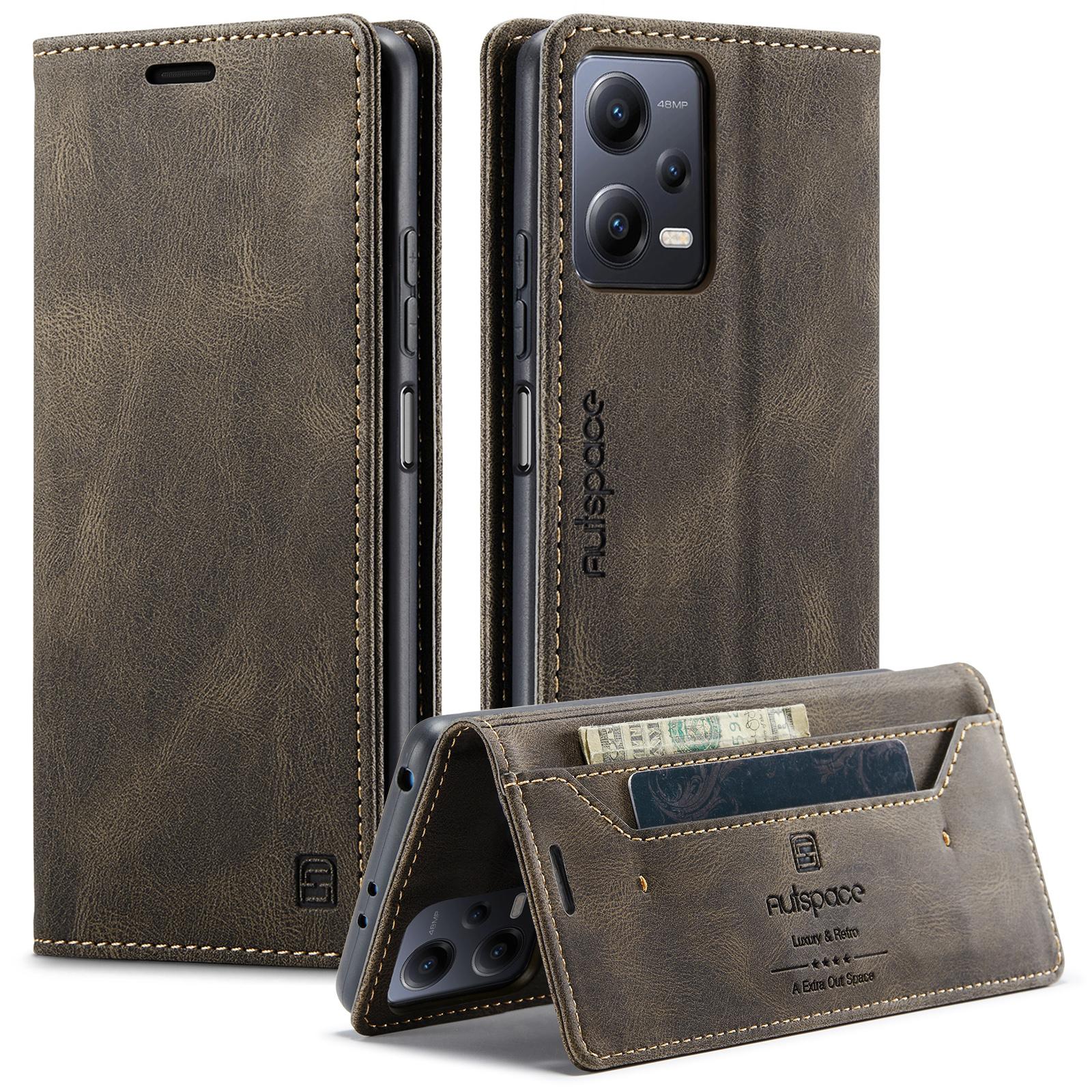 

For Xiaomi Redmi Note 12 5G (China)/Xiaomi Poco X5 5G/Xiaomi Redmi Note 12 5G (Global) Wallet Case AUTSPACE A01 Leather Stand Cover Coffee