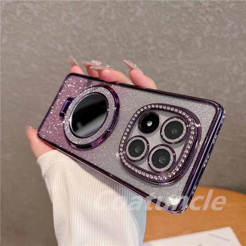 Luxury Glitter Magnetic Magsafe Mirror Bracket Diamond Case for Xiaomi Redmi Note 14 Note14 Pro Plus 14S 14C 4G 5G Plating Cover