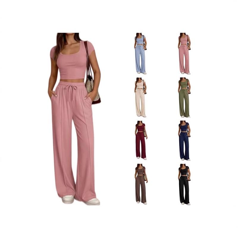Women's 2-piece Square Neck Short Sleeved Crop Top&high Waist Wide Leg Pants Casual Set