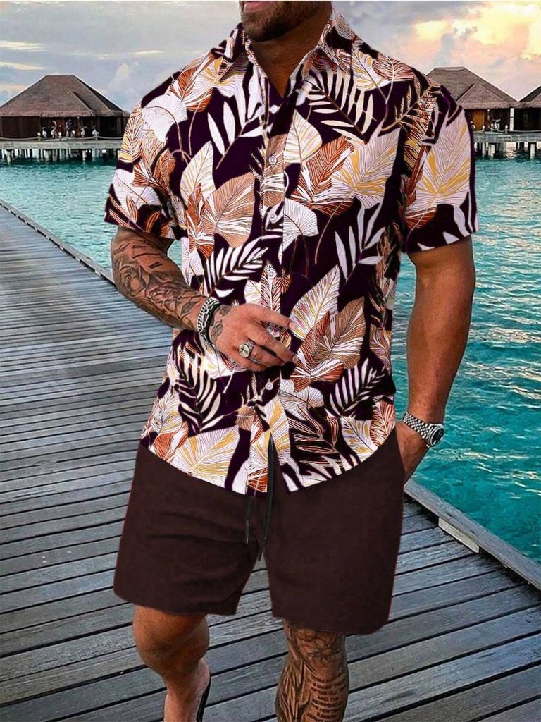 Sommer Strand 2-teiliges Hemd Set Herren Lässig Tropischer Print Kurzarmhemd Und Shorts Set Tropisches Hemd Herren Urlaubs Sets