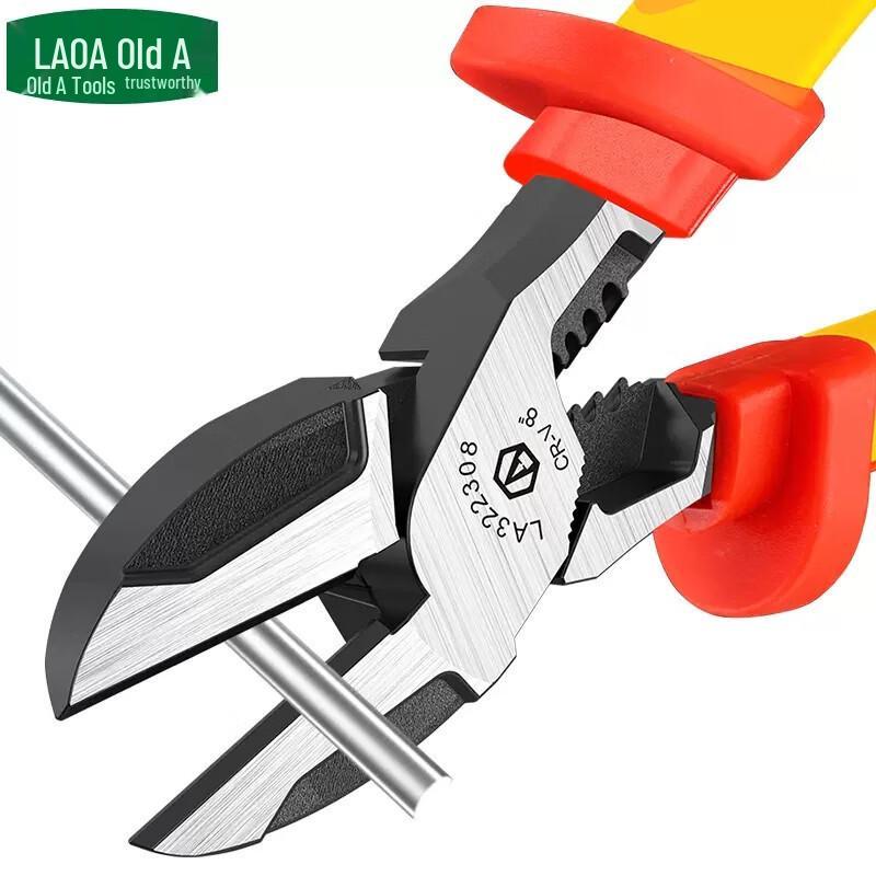 High Voltage Insulated Needle-Nose Electrician Pliers, 1000V, for Cutting, Crimping, Stripping, Angled Use.