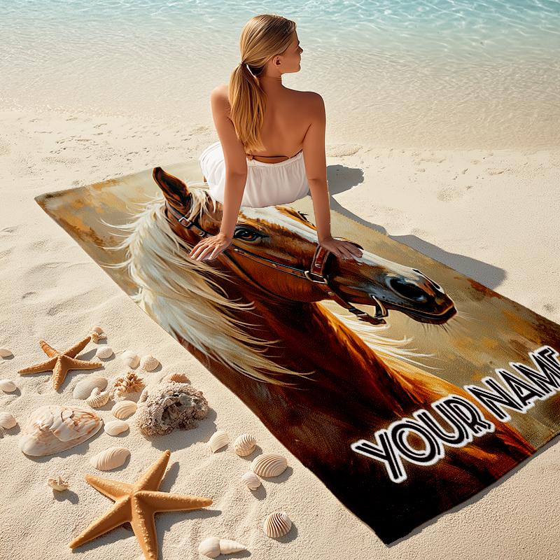 1PC Custom Name Horse Portrait Art Beach Towel Highly Absorbent And Sand-Resistant Towel for Swimming, Pool, Yoga, And Travel Lightweight