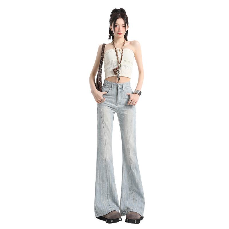Light-colored design sense jacquard slightly pulled jeans women's summer new high-waisted loose and thin flared pants