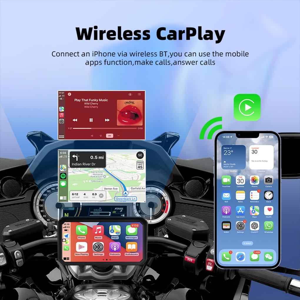 6inch 1080P HD Motorcycle Carplay Waterproof Android 12 4G DVR Multimedia Player Wireless CarPlay Android Auto Touch Screen