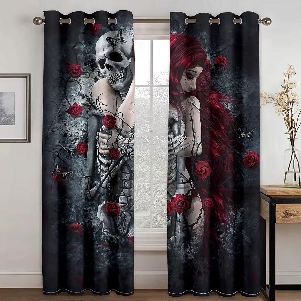 2pcs Personality Luxury 3D Printed Black Mystery Couple Skull Pattern Curtain,Suitable for Bedroom Living Room Kitchen Decor