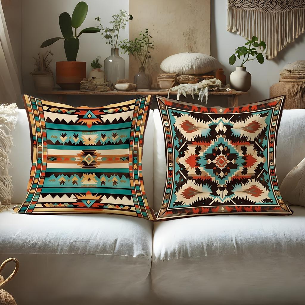 Bohemian-Style Geometric Pattern Pillow Cover: Exotic Tribal Motifs in Vivid Colors, sofa cushion cover, room decoration