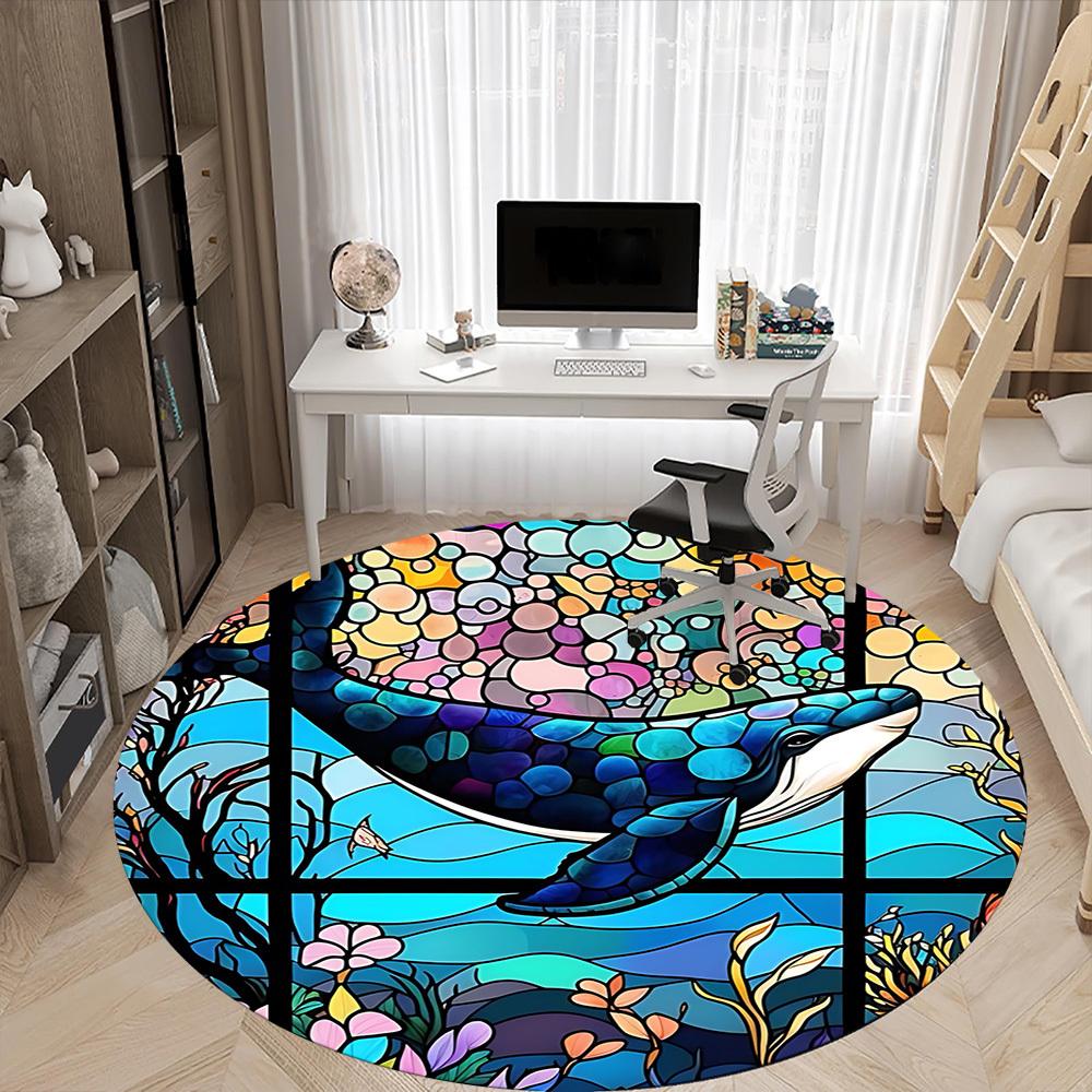 1pc Whale StainedGlass Office Round Area Rug, Under Office Chairs Bedroom Living Room Home Decor, Room Deco