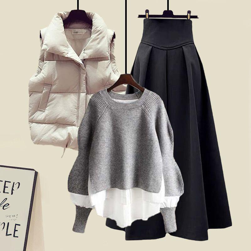 Women Large Loose Fake Two-piece Sweater Versatile Vest Slimming Half Skirt Three Piece Set
