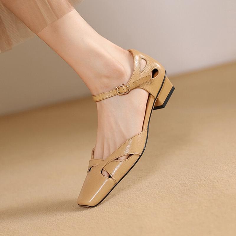 Fashion NEW Summer Women Sandals Genuine Leather Shoes for Women Cover Toe Cover Heel Shoes Square Toe Low Heel Concise Designer Sandals