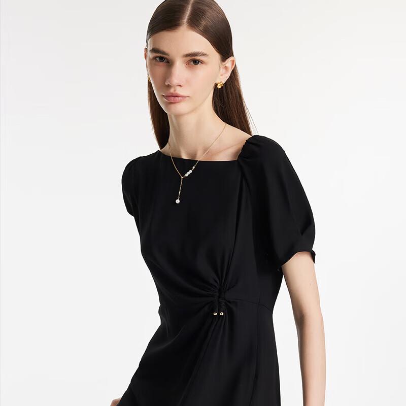 GOELIA Asymmetric Collar Pleated Little Black Dress