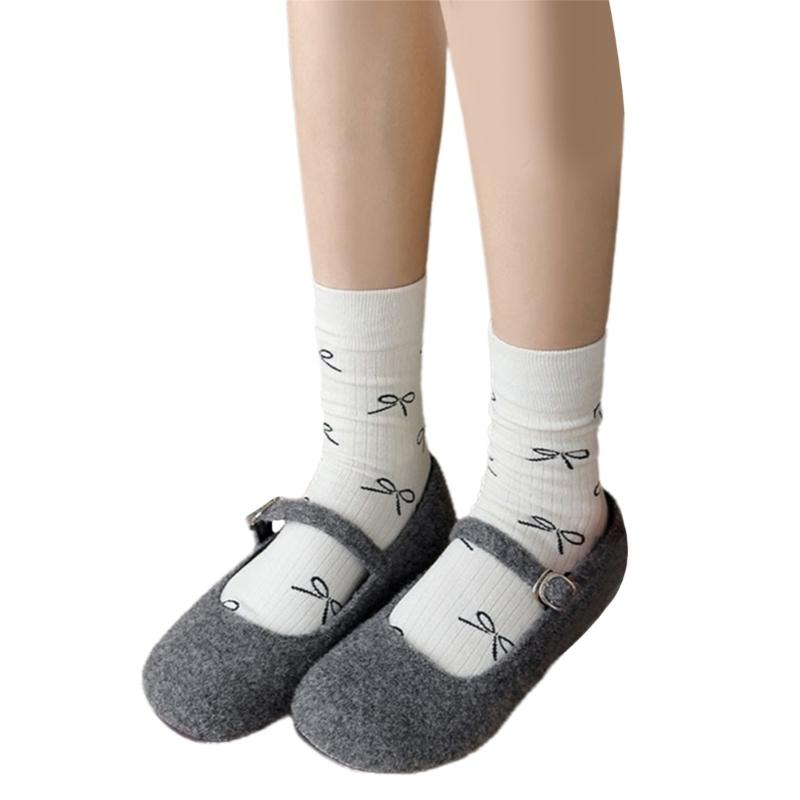 Sweet Girls Elegant Bowknot Pattern Cotton Crew Socks for Women Breathable Casual Fashion Student Middle Calf Socks