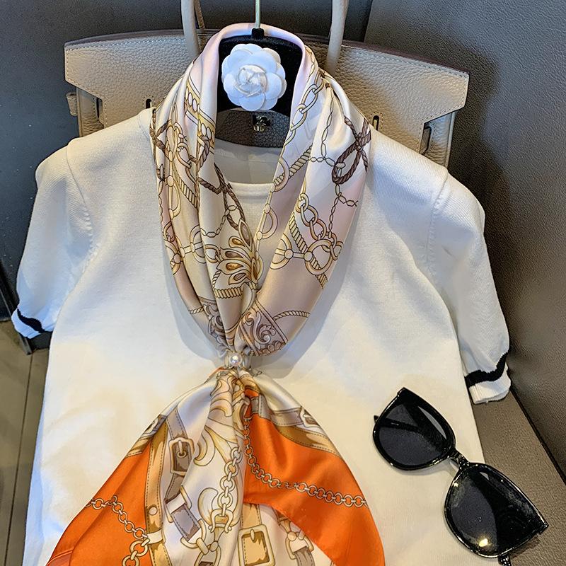 Orange Scarf Chain Simulation Silk Silk Scarf High-grade Silk 111 Silk Square Scarf Sunscreen Shawl Fashion Scarf Silk
