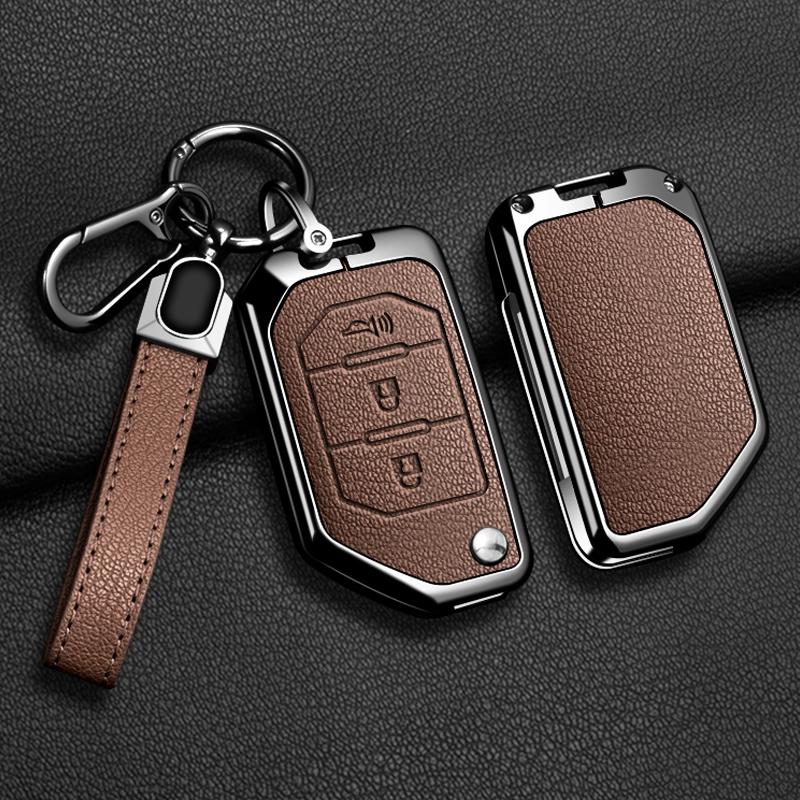 Convient Pour Jeep Gladiator Jt Sahara Jlu Wrangler Jl Rubicon Alliage de Zinc Cuir Véritable 2 3 4 Boutons Housse Étui Porte-clés pour Clé de Voiture Accessoires Auto