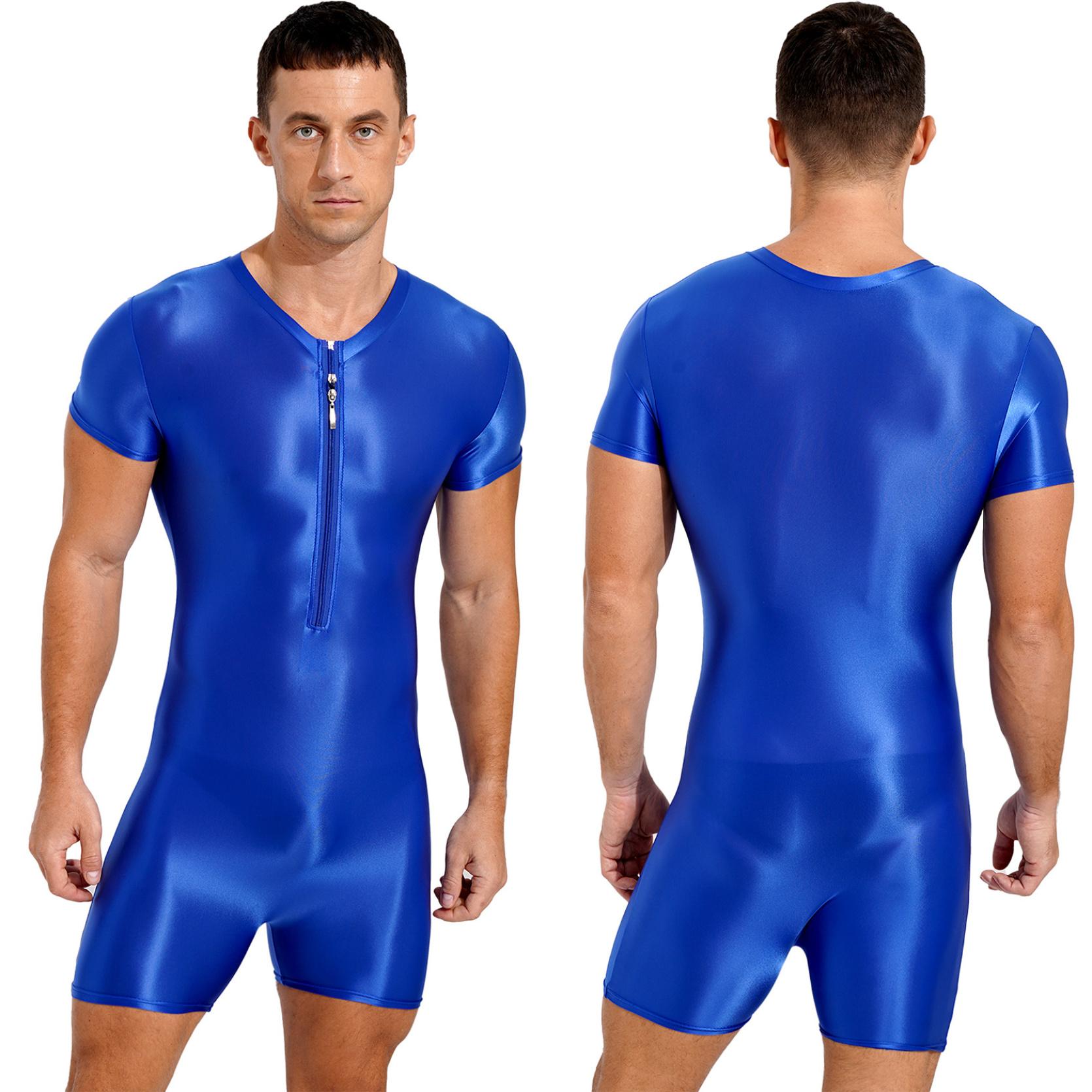 

Мужской цельный купальник с коротким рукавом, комбинезон на молнии, глянцевый эластичный спортивный костюм для фитнеса с круглым вырезом XL синий