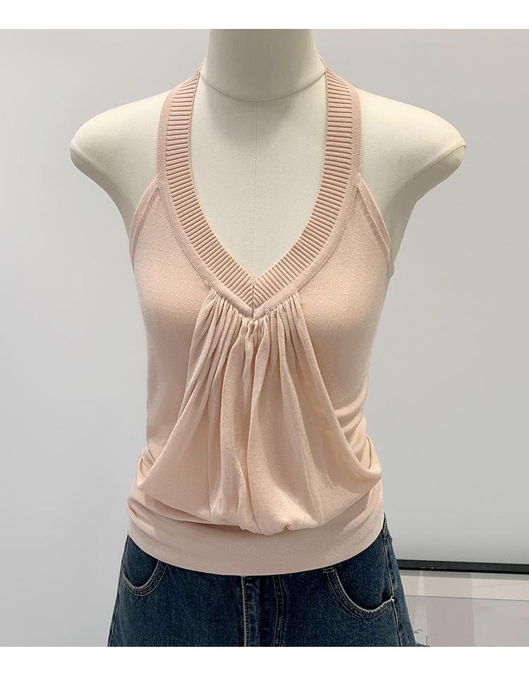 Design-Conscious Pink Pleated Halter Neck V-Neck Open-Back Slim Camisole for Women - New 2026 Summer Style