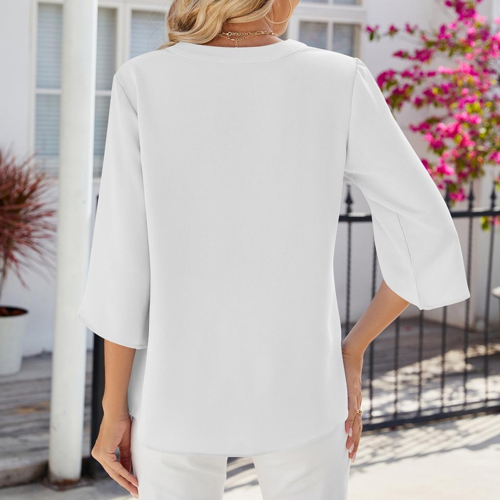 IHUASU Spring/Summer Solid Color Button V-neck Loose Mid-sleeve Chiffon Blouse