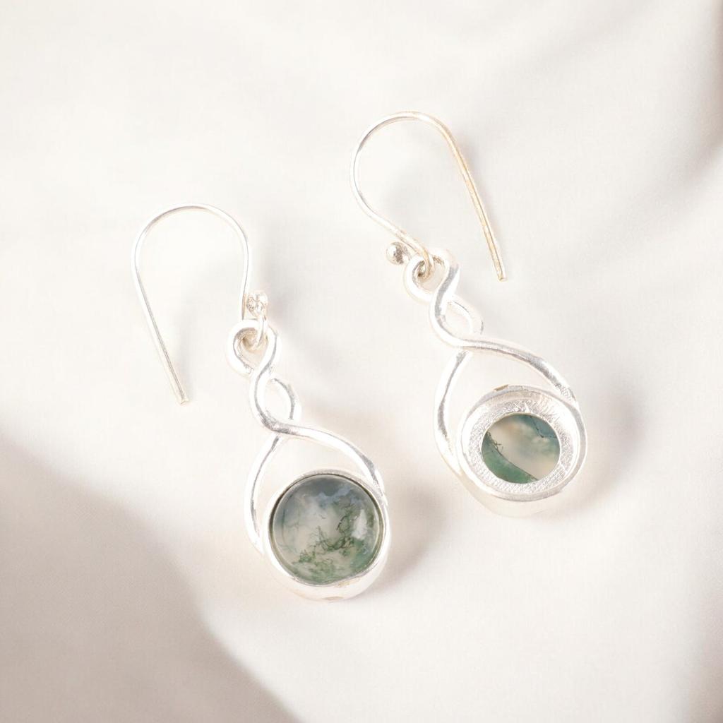 Brincos de Gancho Feitos à Mão em Prata de Lei 935 com Ágata Musgo Verde Natural Para Esposa CE-15-35