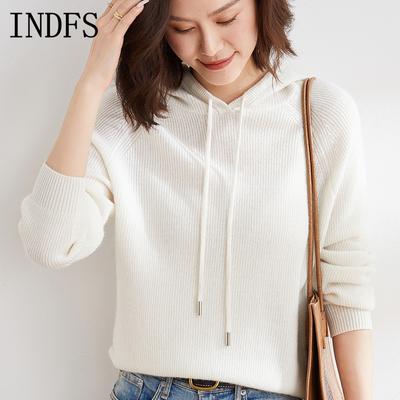 INDFS Women's Fashion Casual Fall Winter Solid Color Print Long Sleeve Hooded Sweaters