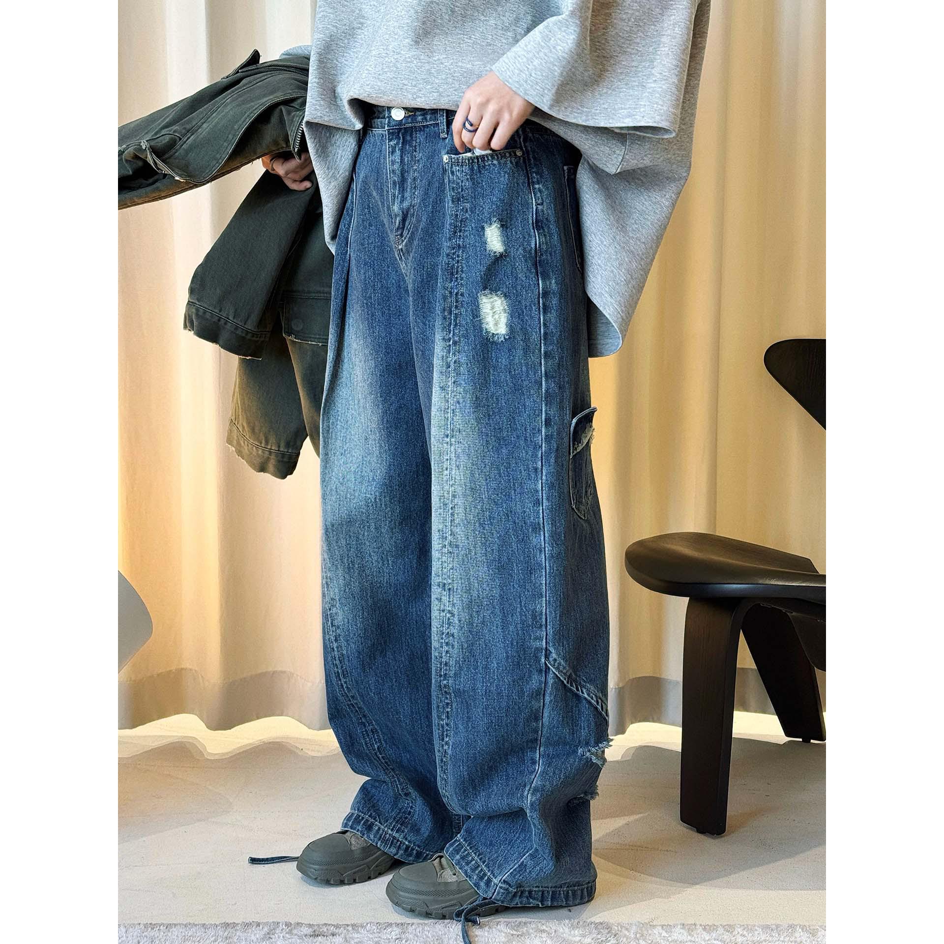 Spring Korean Retro Pocket Patchwork Ripped Wide-Leg Women s Jeans Medium