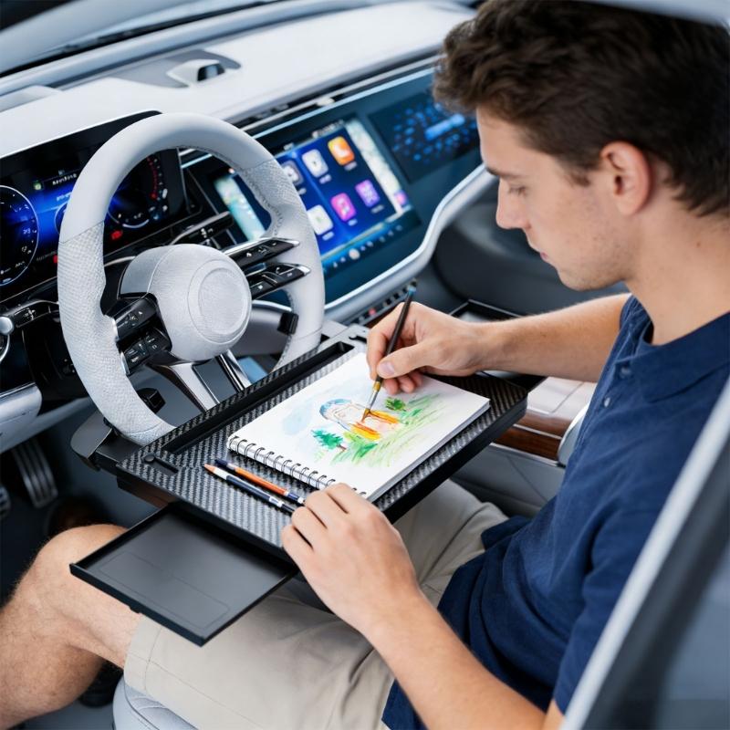 Flexible Plattform zur Montage am Auto-Lenkrad mit drehbarem Boden und verdecktem Stauraum