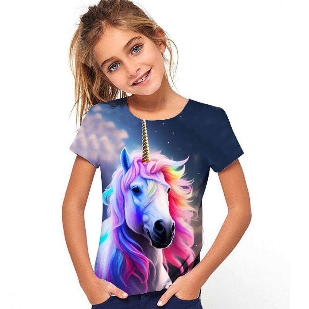 New 3D Horse Pattern Printed T-Shirt Summer Short Sleeve Fashionable Children's Casual Girls' Top