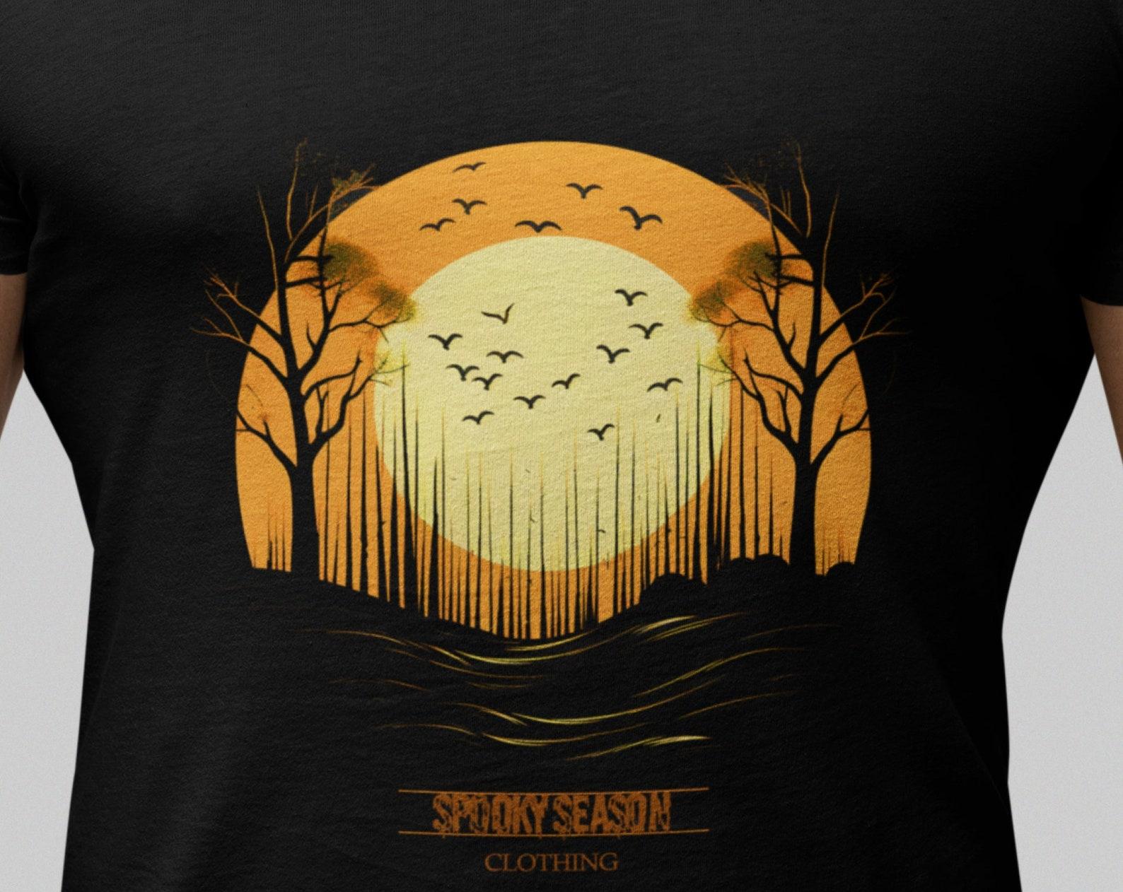 Spooky Season T-Shirt: Sunset Forest Graphic Tee M