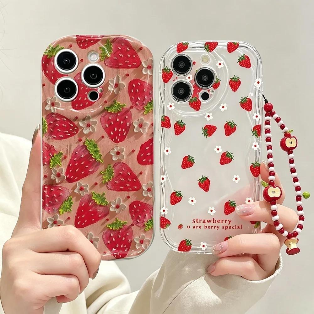 Strawberry Fruit Wrist Chain Phone Case For Motorola Moto Edge 50 Fusion Pro Ultra G84 G14 G75 G35 G05 G15 G22 G24 G54 G34 E13