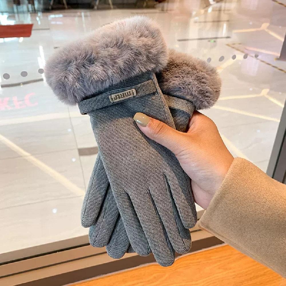Høykvalitets Dame Semsket Skinn Berøringsskjerm Kjørehanske Vinter Dame Dobbel Tykk Plysj Håndleddsvarm Kasjmir Søt Sykling