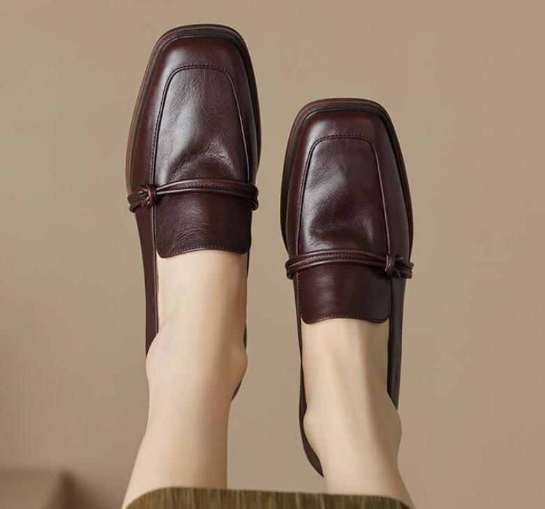 Fashion Classic loafers for women, genuine leather square toe slip-on, vintage women's casual comfort shoes, handmade, size 40