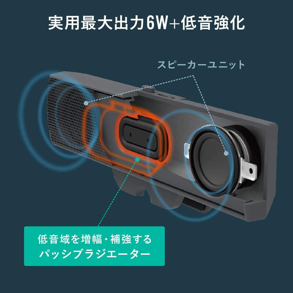 Sanwa Direct USB Speaker Soundbar, Clip-on, Freestanding, Compact, 6W, with Built-in Passive Radiator (400-SP089)