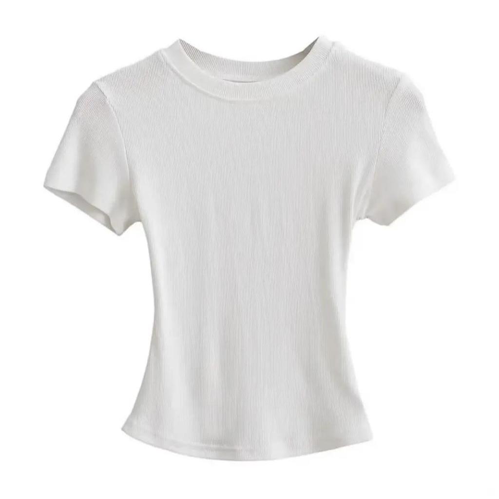 Schlankes geripptes Damen-Crop-Top - Sommer Elastischer Rundhalsausschnitt Kurze Ärmel