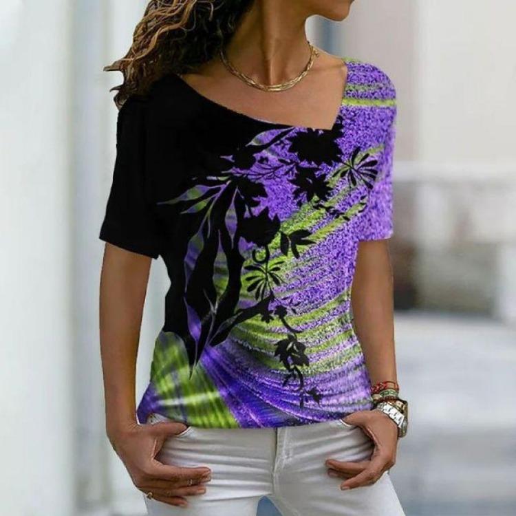 Streetwear Damskie Luźne Codzienne Koszulki V-neck z Kwiatowym Wzorem Krótki Rękaw