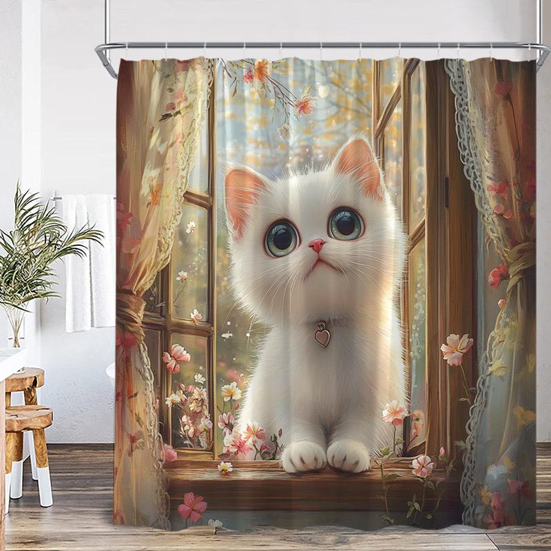 Cute Cat Shower Curtain Pink Cherry Floral Tree Asian Oriental Watercolor Flower Funny Animal Green Grass Bathroom Curtain Decor