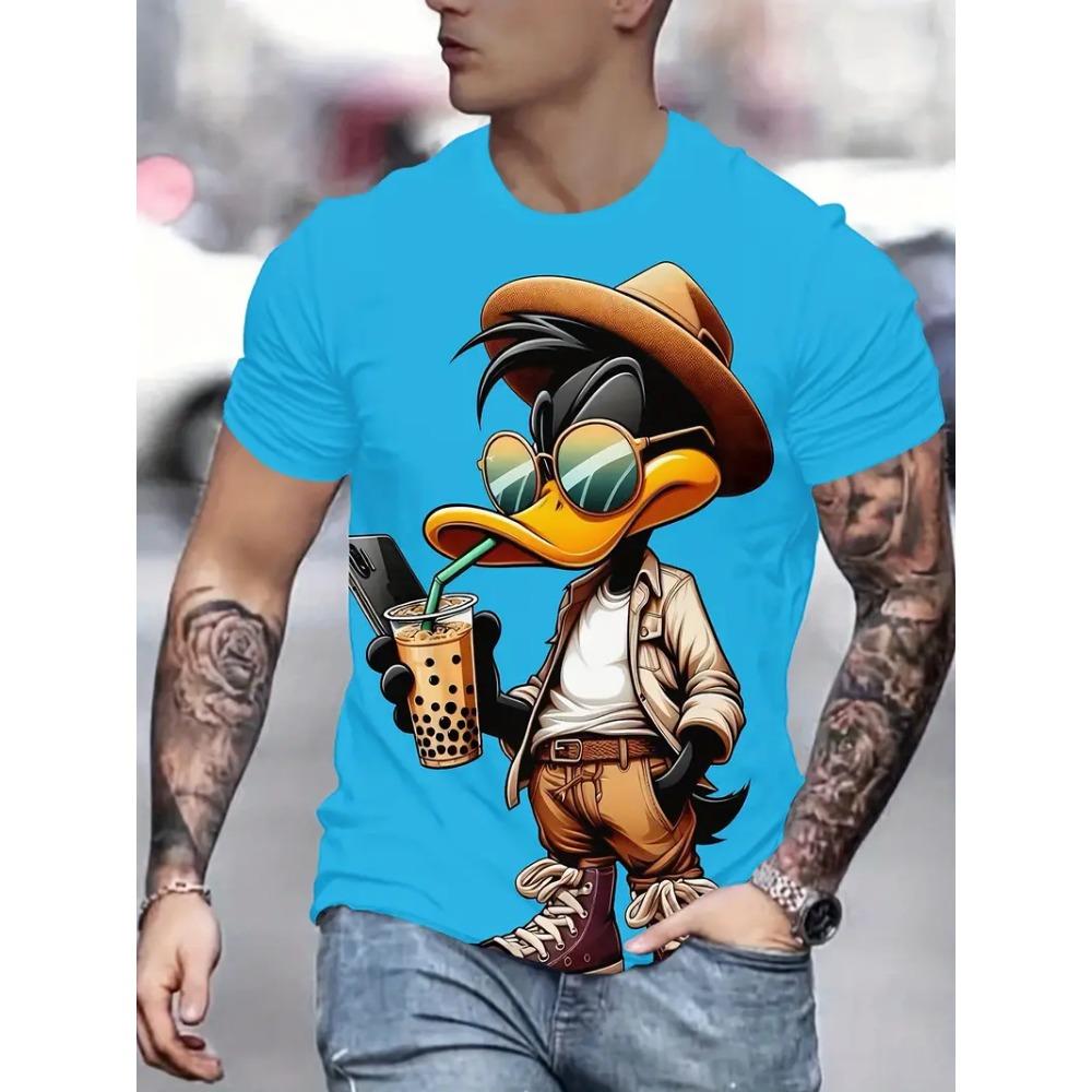 Zabawna kreskówka kaczka pijąca mleko herbata 3D drukowana męska koszulka moda swobodna okrągły dekolt krótki rękaw sportowa swobodna męska odzież