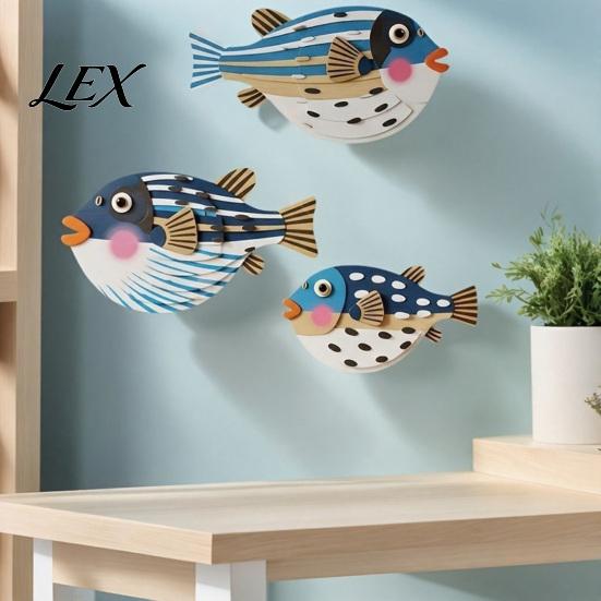 Puffer Fish Wall Sculptures 3Pcs Wooden Pufferfish/Fish/Seagull/Swallow Decor, Nautical Art, Rustic Coastal Decoration, Ocean Theme Hanging