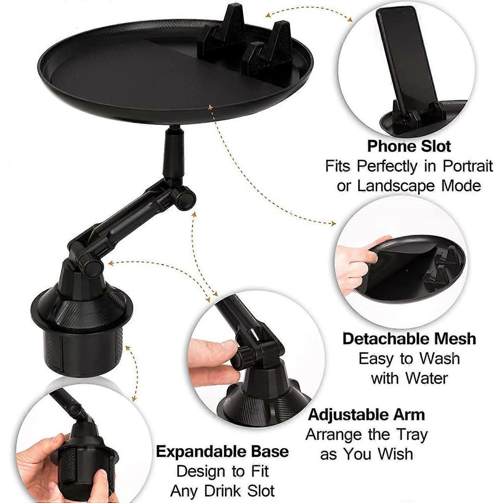 Car Swivel Cup Holder Tray- Premium Quality 360-Degree Swivel Arm Adjustable Universal Car Tray Table with Phone Slot- Car Food Lunch Eating Tray Tabl