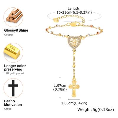 Virgin Mary Zirconia Heart Rosary Cross Bracelet, Tri-color Beaded Link for Women Adjustable Wrist Hand