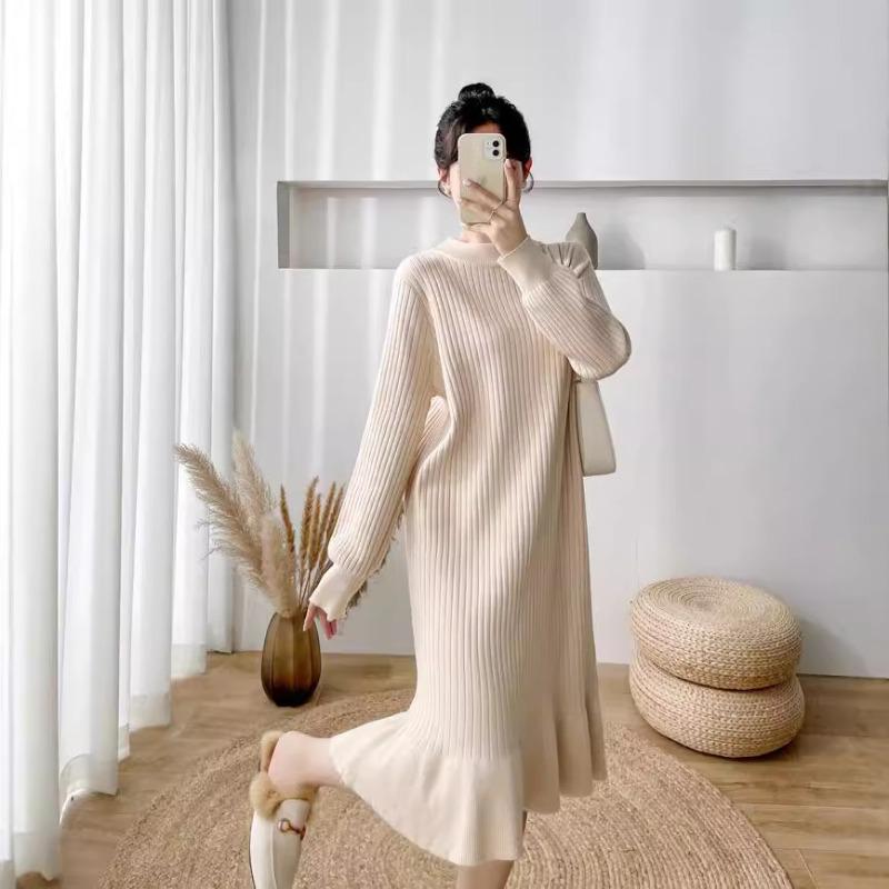 Autumn and Winter New Maternity Knitted Dress Women's Fashion and Thin Temperament with Coat Backing Sweater Medium and Long Dress