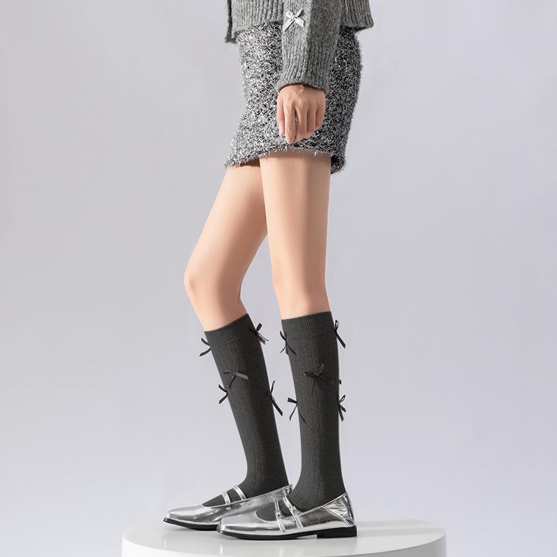 

Гольфы до икры для девочек в стиле бочонка с бантом, милые хлопковые носки в стиле лолита для юных девушек 1 pair темно-серого